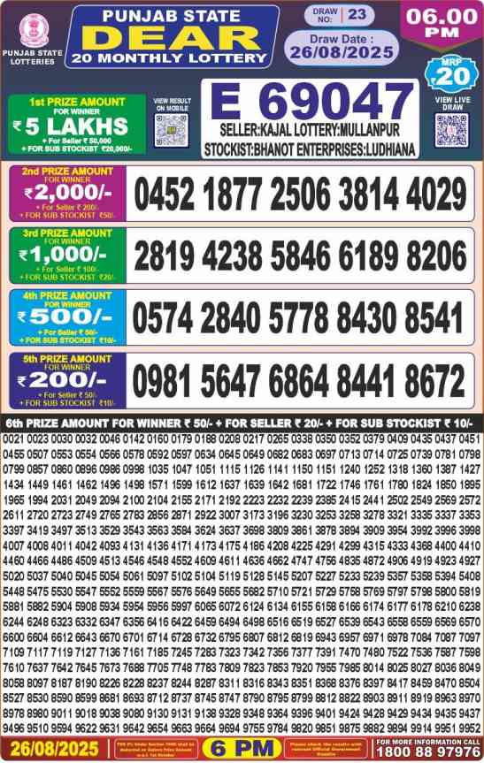 Punjab Dear 20 Monthly Result